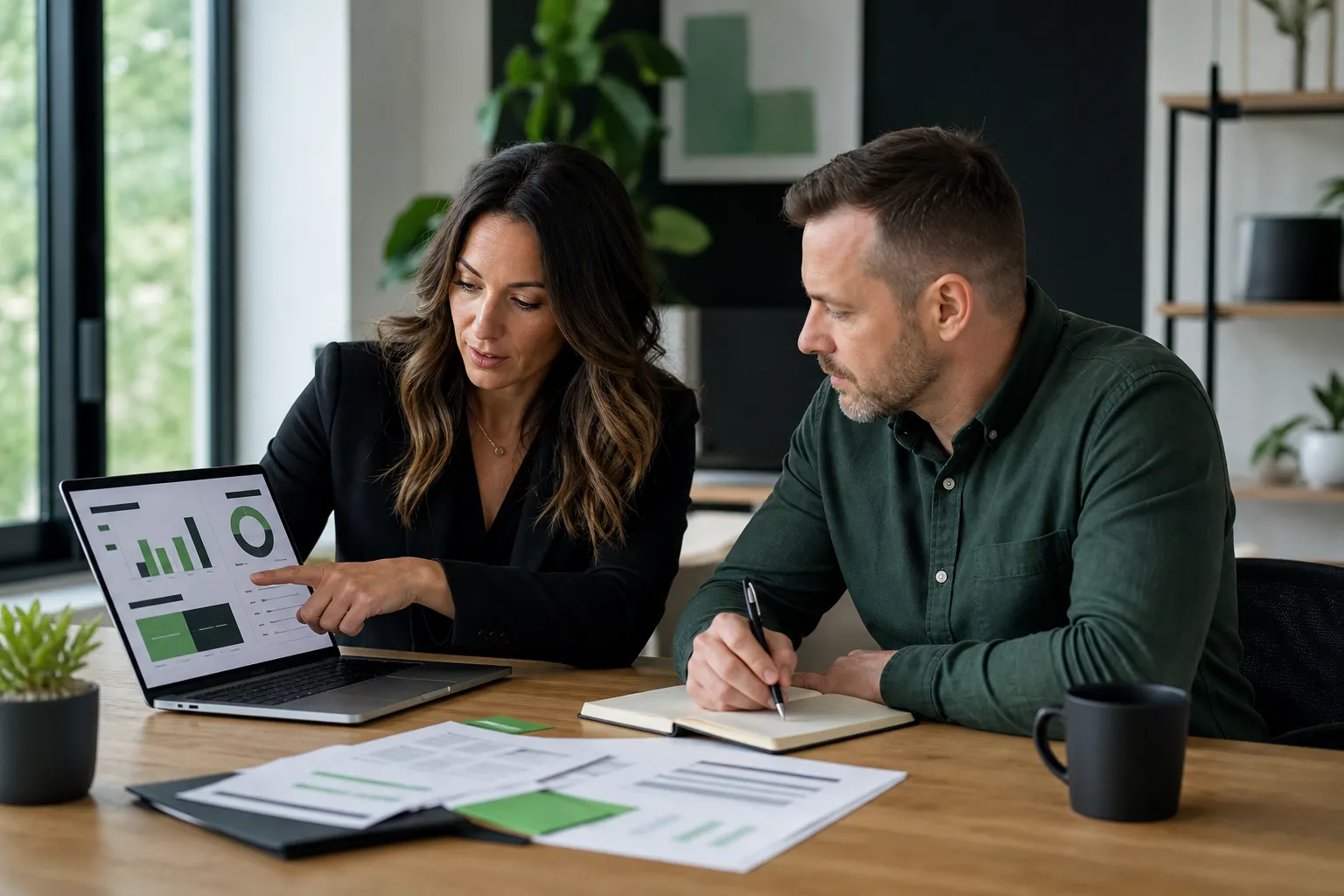 A business coach reviews a client’s launch numbers while checking an AI coaching response.