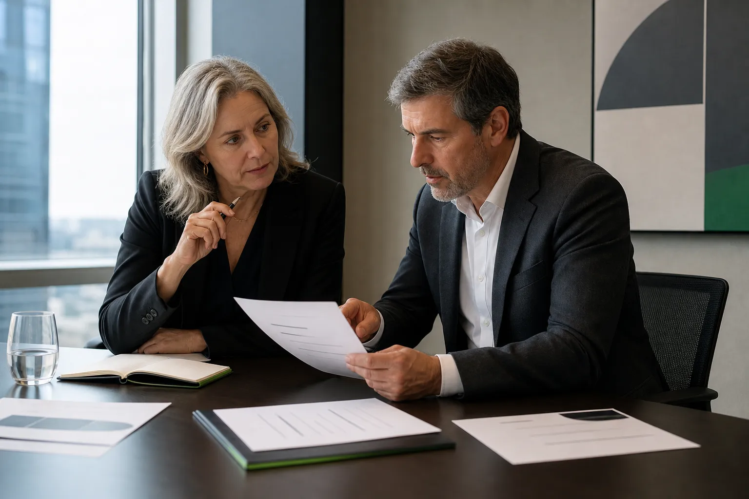 An executive coach and a senior leader review notes from a difficult leadership meeting.