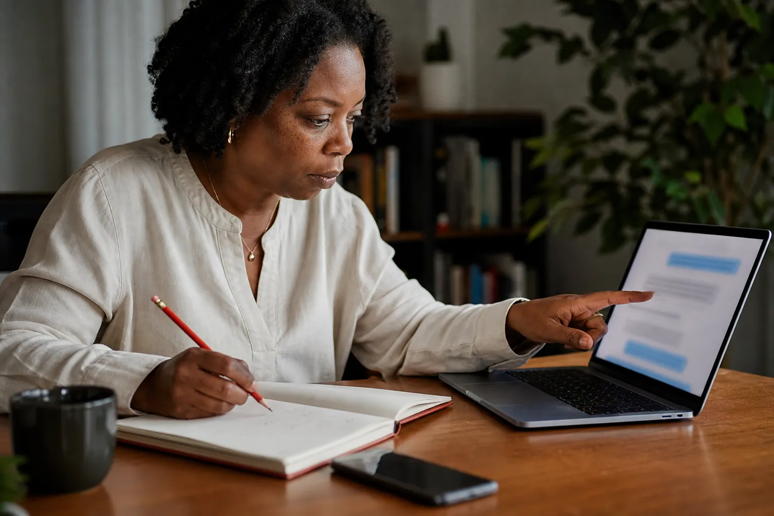 A coach compares an AI answer with her original workshop notes and marks corrections.
