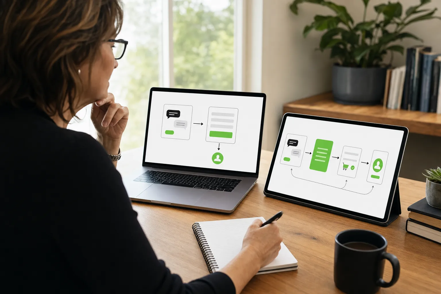 A business coach compares a lead-generation chat flow with a complete paid coaching subscription flow.